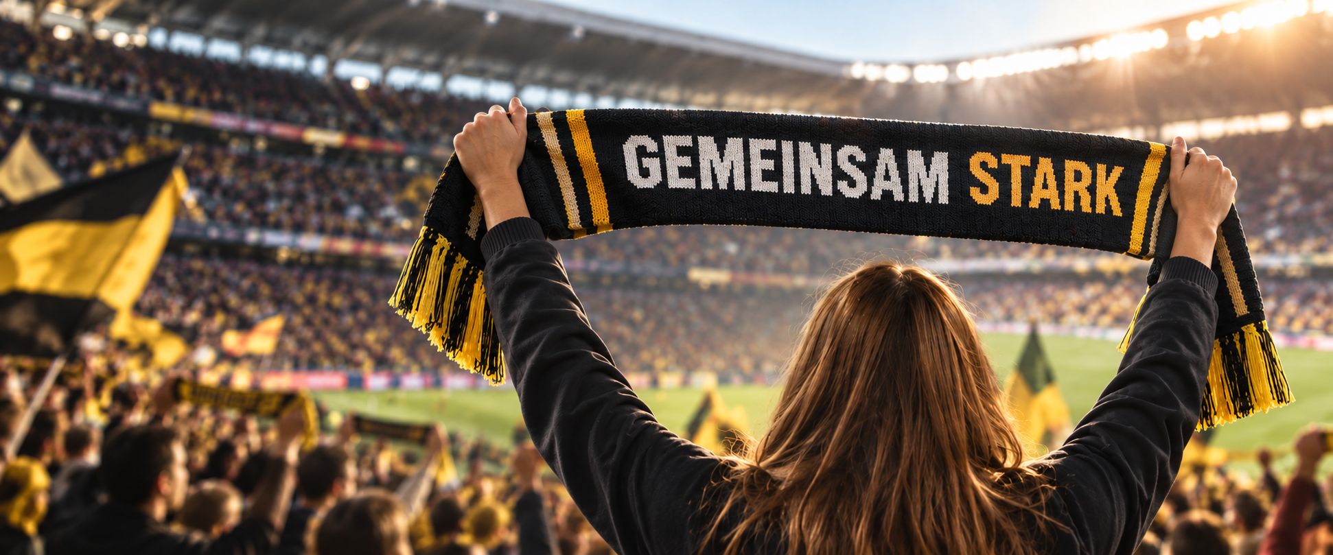 Fan hält im Stadion einen gestrickten Fanschal mit der Aufschrift „Gemeinsam stark“ hoch